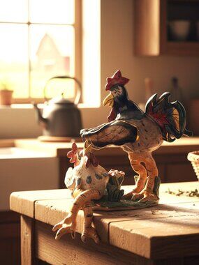 ***SOLD*** Blue Sky Clay Rooster & Hen Candle Holder Hand Painted Shelf Sitter